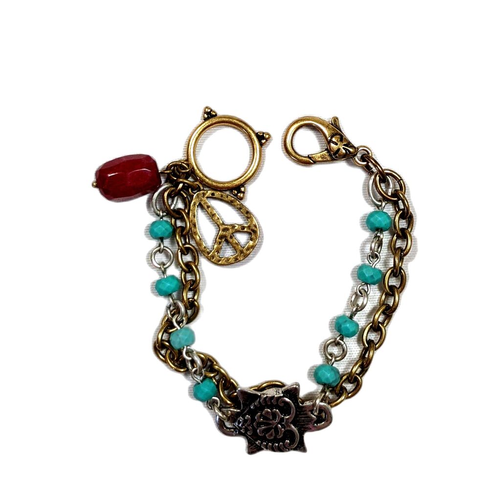 Lucky Brand Charm Bracelet Boho Grunge Faux Turquoise Peace Sign Vintage Y2K